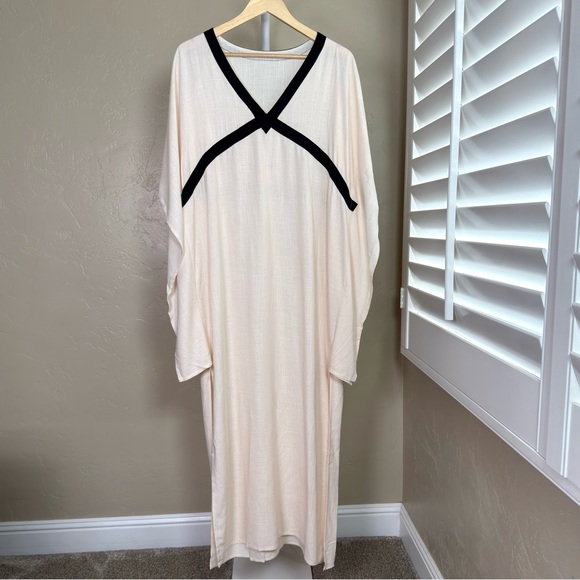 Commense Linen Blend Contrast Trim Maxi Dress Slit Off White Cream Medium NWT - Picture 6 of 14